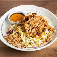 Five Spice Chicken Cabbage Salad · Shredded cabbage, carrots, cucumber and mint leaves, topped with peanuts and fried shallots.