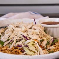 Shredded Chicken Breast Cabbage Salad · Shredded cabbage, carrots, cucumber and mint leaves, topped with peanuts and fried shallots.