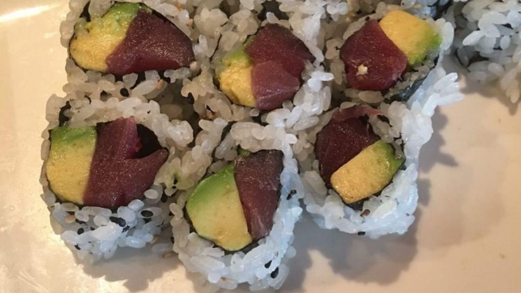 Tuna Avocado Roll · Big eye tuna, avocado, wrapped with seaweed and sushi rice. Cut in two six pieces.