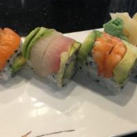 #5. Rainbow Roll · California roll topped with chef's choices of fishes.