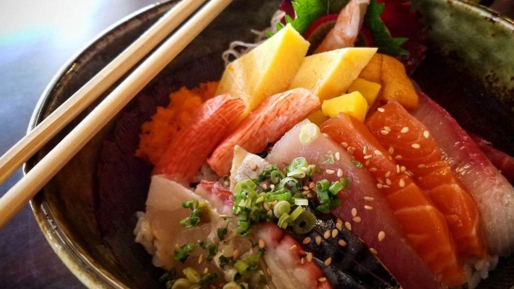 Chirashi · Assorted raw fish over sushi rice.
