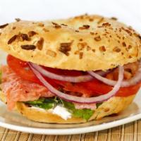 Smoked Lox · Includes cream cheese, smoked salmon, onions, lettuce and tomato.