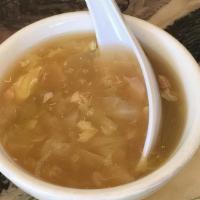 Hot and Sour Soup · Chicken, pork, shrimp, fresh bean cake, bamboo shoots, carrots, and egg drop in a rich thick...