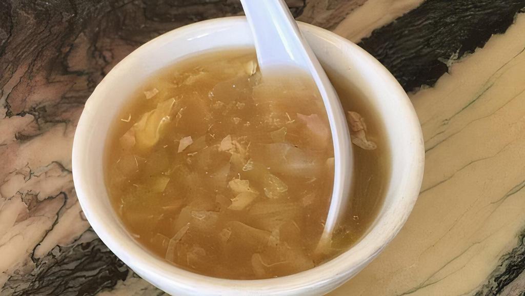 Hot and Sour Soup · Chicken, pork, shrimp, fresh bean cake, bamboo shoots, carrots, and egg drop in a rich thickened chicken stock, lightly flavored with vinegar and white pepper to make it hot and sour.
