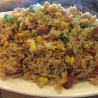 Barbeque Pork Fried Rice · Rice stir-fried with BBQ pork, eggs, and green onions.