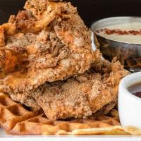 Demon Lover · Fried all natural chicken breast, buttermilk waffle, old-fashioned cream gravy or Vermont ma...