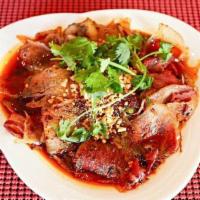 肺片 Spicy Beef Combination · Hot and spicy beef tripe, beef tendon, beef meat cold appetizer thinly sliced.