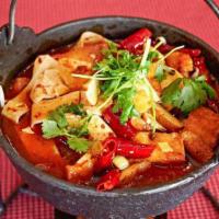 剁付 Tofu w/Mixed Chili · Silky tofu hunan style with ginger, garlic, red chili, and green chili sauce.