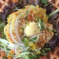 Butter Podi · Red chili and peanut spiced dosa waffle topped with spiced mashed potatoes, coconut chutney,...