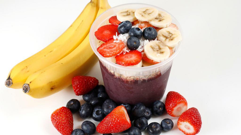 Acai Bowl Brazillian Style · Acai puree, blueberry, banana and coconut water with toppings: banana, strawberry, blueberry, granola & mint