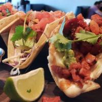 Taco Trio · Chosse 3 (served whit “toreados” peppers, lime and side of salsas (tomatillo and jalapenos, ...