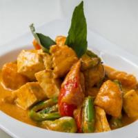 Red Pumpkin Curry · Kabocha squash, string bean, bell peppers,. Thai basil leaves in a red curry