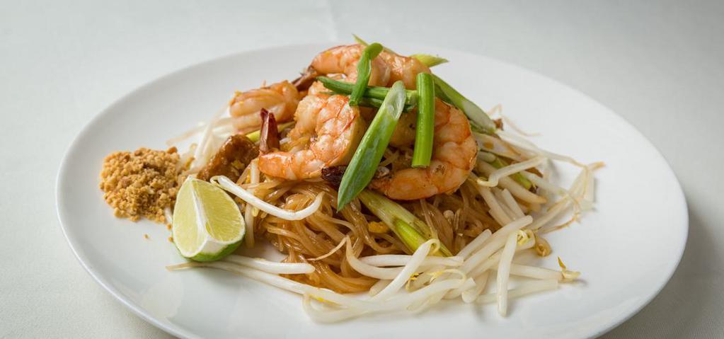 Pad Thai · Pan fried rice noodles, shrimp, tofu, egg, garlic,green onions, bean sprouts and crushed peanuts.