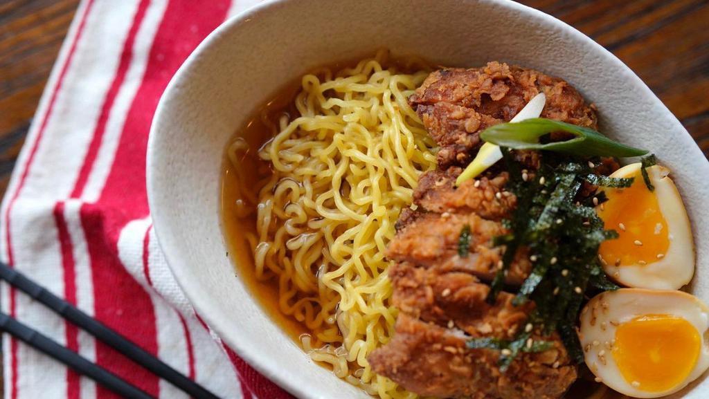 Fried Chicken Ramen  · Crispy house made marinated fried chicken, ramen egg, egg noodles, bean sprouts and green onions in a mild broth flavored with chicken, dashi, and soy.