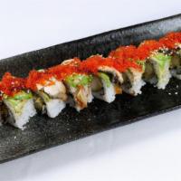 Dragon Roll · Shrimp tempura roll topped with unagi, avocado, tobiko.