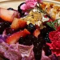 SIGNATURE UBE MOCHI WAFFLE · Mashed purple YAM, U Mochi Waffle, mixed berry, caramelized banana, brownsugar boba, oreo, G...