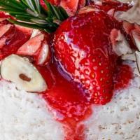 VEGAN STRAWBERRY BINGSOO · Korean snow ice with Strawberry Puree, Almond and Fresh Strawberry