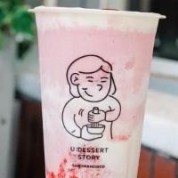 CHERRY BLOSSOM · Korean Smoothie, Homemade Strawberry puree, lychee ice cream, fresh lychee, rose, foam cheese