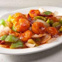Pan Fried Prawns · Hot & spicy. Prawns, bell pepper, dry chili, onion in sweet & hot sauce.