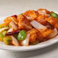 Pan Fried Fish Fillets · Hot & spicy. Deep fried fish fillets, bell pepper, dry chili and onion in sweet & hot sauce.