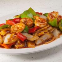 Hunan Style Prawns · Hot & spicy. Prawns, red bell pepper, zucchini and onion, chili in hunan sauce.