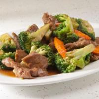 Broccoli Beef · Beef, broccoli and carrot in brown sauce.