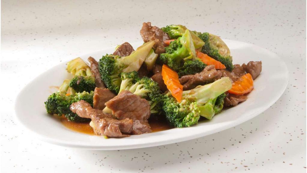 Broccoli Beef · Beef, broccoli and carrot in brown sauce.