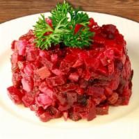 Vinaigrette · Beetroot salad with diced cooked vegetables beetroots, potato, carrots, chopped onions, brin...