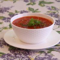 Bowl of Vegetarian Borsch · Beets, potatoes, cabbage, carrots, and sprinkled with dill at your discretion.