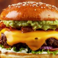 South Burger · Beef, topped with homemade spicy guacamole, jalapeno mayo, lettuce and pepper jack cheese.