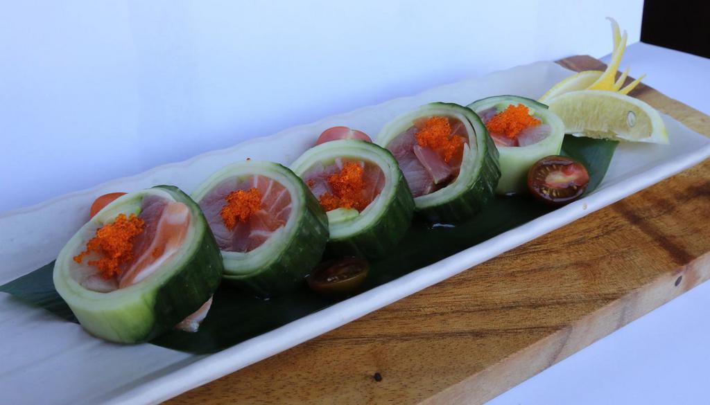 Chef's Roll · Tuna, Salmon, Albacore, Tobiko
Cucumber Wrap, No Rice 5PCS