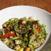 Fattoush Salad · Lebanese salad of romaine hearts, cucumbers, tomatoes, onions, bell peppers, parsley, sumac,...