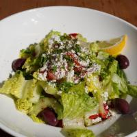 Greek Salad · Hearts of romaine, tomato, Kalamata olives, cucumber, red onion, bell pepper, feta cheese, a...