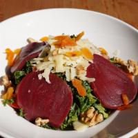 Kale Salad · Quinoa, lentil, tomatoes, walnuts, roasted beets, dried apricots, shaved Parmesan cheese, an...