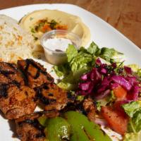 Beef Shish Kebab Plate · Herbed marinated beef cubes. Served with rice, salad, hummus and pita.