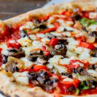 Tomasso · Mozzarella, parmesan cheese, crushed tomato sauce, mushrooms, onions, roasted red bell peppe...