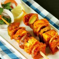 Methi Paneer Tikka · Gluten free. Cottage cheese, bell pepper, onion marinated in spices and skewered in a clay o...