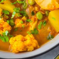 Aloo Gobi Masala (VEGAN) · Gluten free, vegetarian. Organic red skin potatoes, watsonville cauliflower, onion, tomato, ...