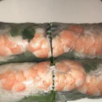 Fresh Shrimp Spring Rolls · Rice paper rolls with steamed shrimps, lettuce, mint, bean sprouts dipped with peanut sauce.