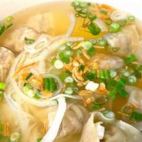 Wonton Soup (large) 10 wontons · Our delicious wontons are made with pork and shrimp.