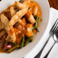 Spicy Fried Catfish · Spicy. Deep-fried catfish with spicy-sweet curry sauce, green beans, lime leaves onion, bell...