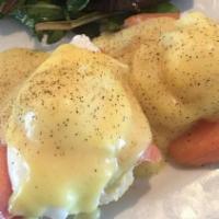 Smoke Salmon Benedict · Poached eggs on a homemade buttermilk biscuit with smoked salmon, chives, avocado, hollandai...