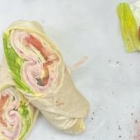 SMOKED TURKEY AND HAM ON TORTILLA · Ingredients: Lettuce, Tomato, Cucumber, Smoked Ham, Smoked Turkey, Honey Mustard and Mayo
CO...