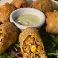 Austin Eggrolls · chicken, corn, cheese, onions, poblano peppers with cilantro dipping sauce