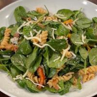 Spinach for Veronica · a warm wilted spinach salad with penne, crispy bacon, crumbled gorgonzola & mozzarella, cara...