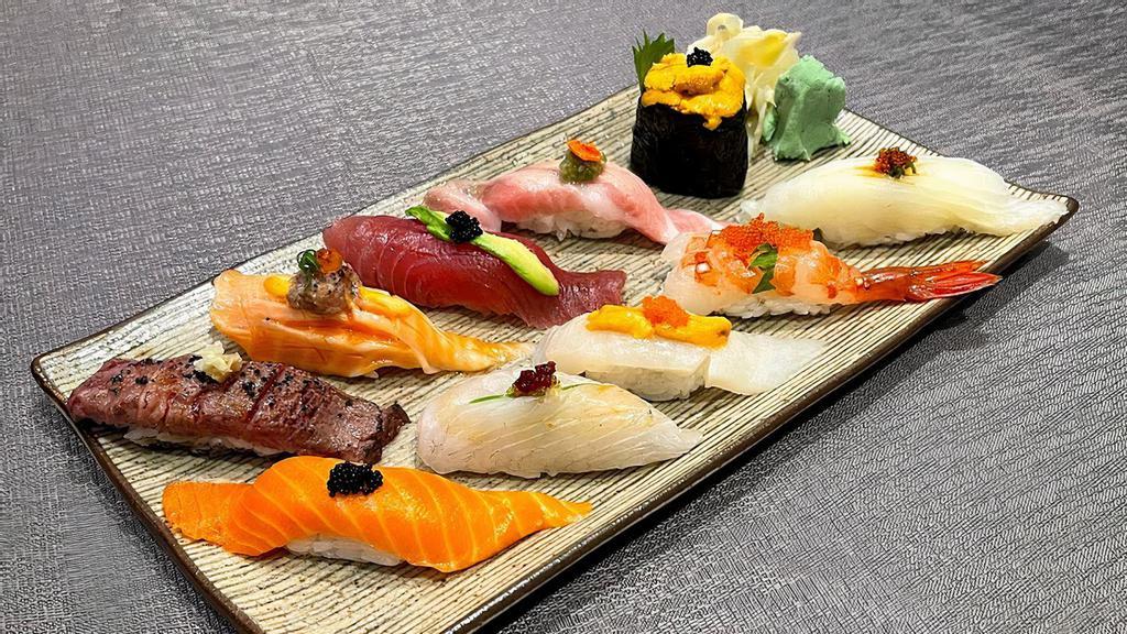 Shinjuku Omakase · 10 pieces of premium nigiri (chef choices) -- including A5 Wagyu, Tuna Toro, Ora King Salmon, Uni, Amaebi, etc)