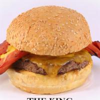 1/4lb The King · 1/4LB beef patty topped with a 1/4LB beef hot dog, American cheese, cheddar cheese and 1000 ...