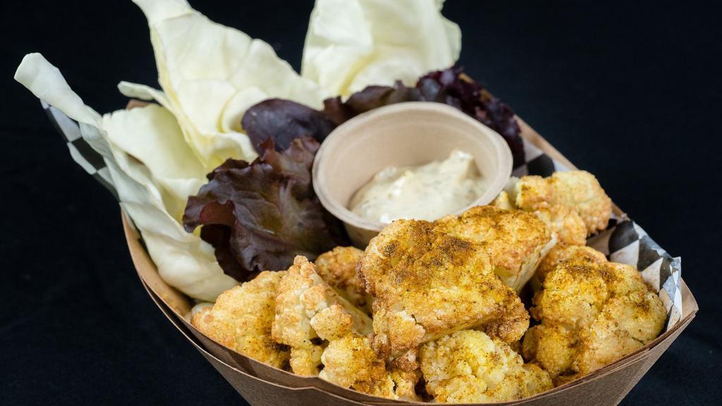 Fried Cauliflower · Fried in soybean oil. Comes with side cabbage and miso  ranch. Pick one seasoning of your choice.