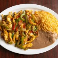 Chicken Fajitas · Bell peppers, onion, rice, and beans.