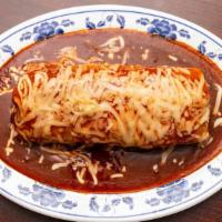 Burrito Mojado · Choice of meat, rice, beans, salsa, pico de gallo, guacamole, cheese on top.